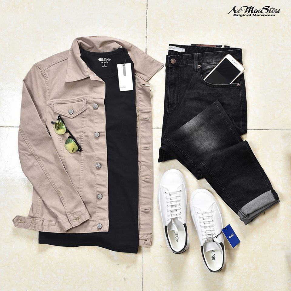 (Free ship 40k) sự kết hợp hài hòa áo denim jacket nam với quần jean nam cùng áo thun giày thể thao