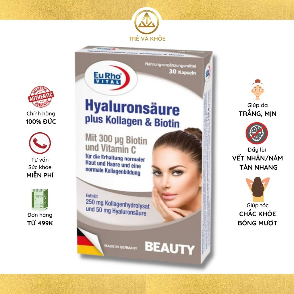 Viên uống collagen thủy phân và biotin HYALURONSAURE PLUS Eurho Vital làm đẹp da, giúp tóc chắc khỏe hộp 30viên