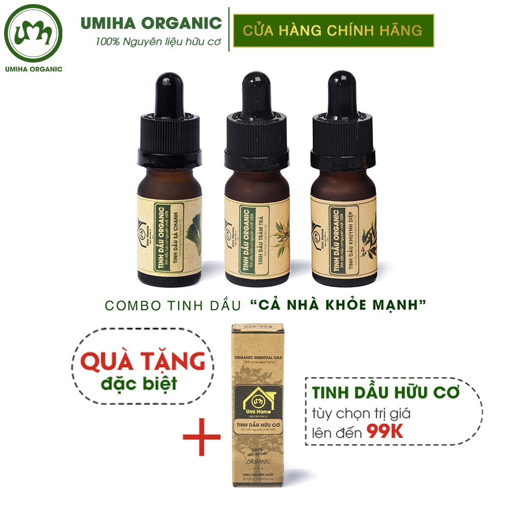 Combo 3 lọ Tinh Dầu UMIHA gồm - Tràm Trà, Sả Chanh, Khuynh Diệp (10mlx3) - Hữu cơ nguyên chất