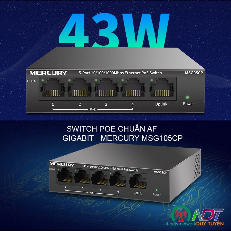 ✅ Switch POE af - 5 port Full Gigabit Mercury MSG05CP 43W Vỏ Thép - cấp nguồn poe wifi , camera