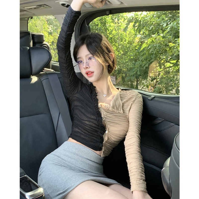 Áo Thun Tay Dài Dáng Ôm Màu Sắc Tương Phản Quyến Rũ Dành Cho Nữ