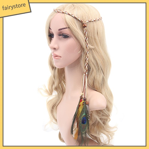 Băng đô cài tóc bện dây phối lông vũ và hạt phong cách boho cho nữ