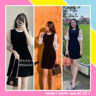 Váy Chữ A Liền Thân Cát Hàn Màu Đen Tay Lỡ Kiểu Bồng Màu Be Sữa Chất Liệu Vải Tơ 🌸Đầm Xòe Phối Tay Lưới