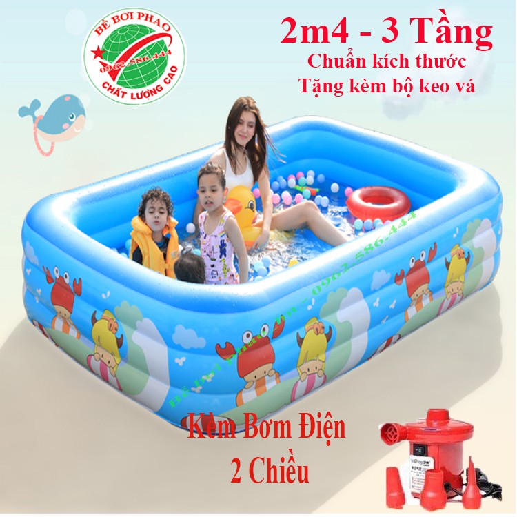 Bể bơi phao cho bé cỡ đại 2m4 - 3 tầng, phao bơi loại dày tặng bộ keo vá