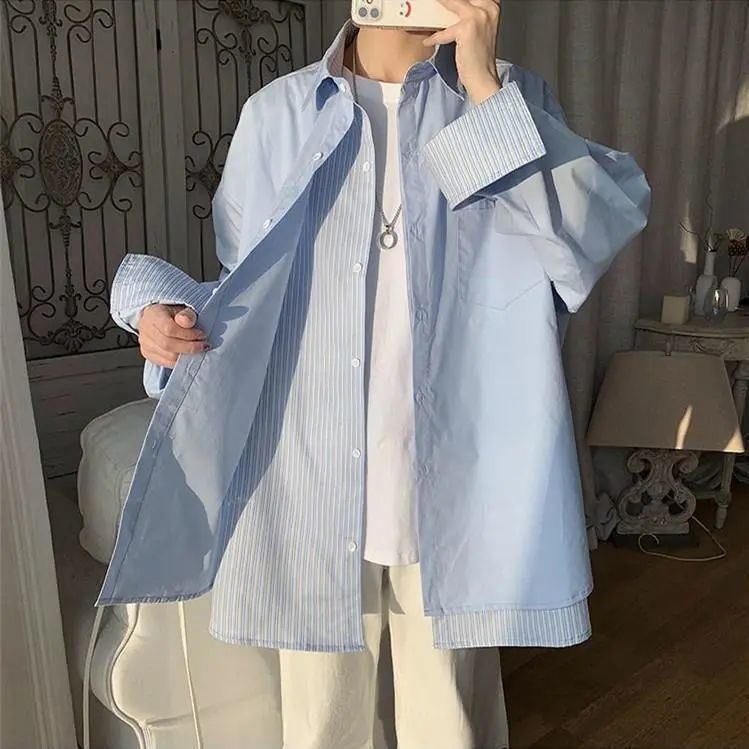 Áo sơ mi tay dài kẻ sọc giả hai lớp thời trang mùa thu cho nam