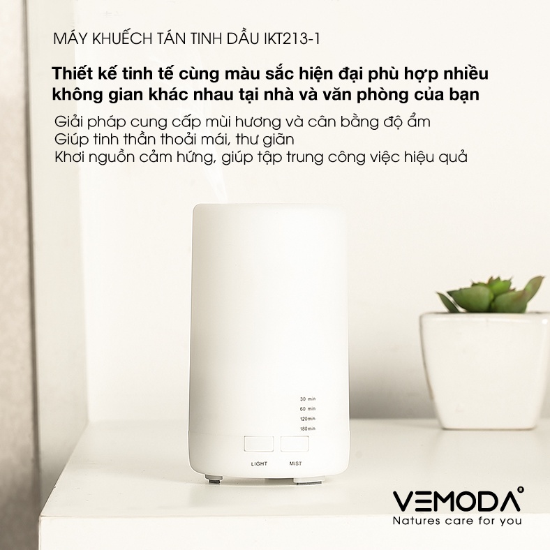 Máy xông tinh dầu cao cấp VEMODA IKT213  giúp khuếch tán tinh dầu hiệu quả, tỏa hương thơm thư giãn, giảm căng thẳng