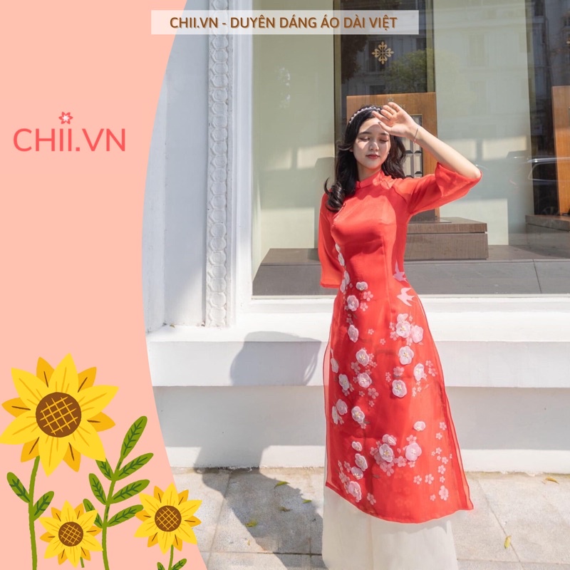 Áo Dài Cách Tân Tơ Organza Màu Đỏ Hoạ Tiết Cành Đào Đính Nổi Hoa, Áo Dài Tơ 4 Tà Cao Cấp