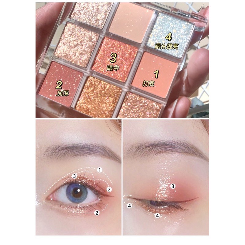 Phấn mắt nội địa trung Dikalu 9 Ô Kim tuyến Tông Màu Nâu Cam Vàng Nhũ Mắt Nội Địa Trung Siêu HOTTREND DPM3