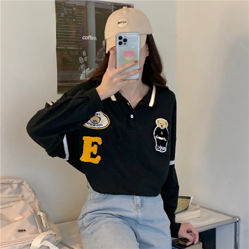 Áo Thun Nữ Dài Tay Cổ Polo Thêu Hình Gấu Mới