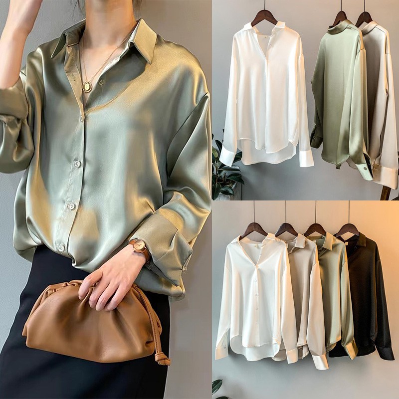 Áo Sơ Mi Satin Trơn Tay Dài Dáng Rộng Thời Trang Retro Dành Cho Nữ 2021