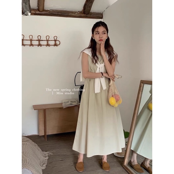Váy babydoll kèm khăn tiểu thư sang chảnh, Váy maxi đi biển vintage 2 lớp Maitrangshop92 – (TTA94)