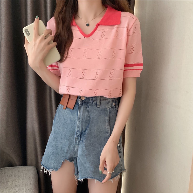 Áo Dệt Kim Tay Ngắn Dáng Rộng Vải Lụa Lạnh Đục Lỗ Thời Trang Cho Nữ