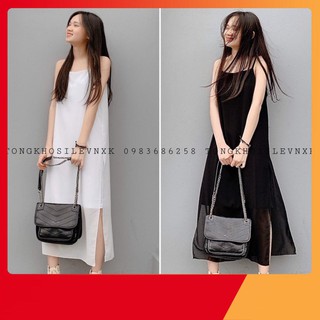Thời Trang Tuổi Teen -  VÁY 2 DÂY TRƠN XẺ TÀ - ĐẦM MAXI VOAN ĐŨI 2 LỚP TRẮNG ĐEN ULZZANG - (Sp sẵn)