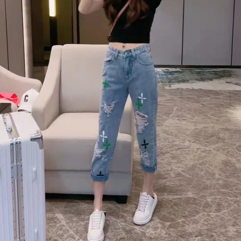 Net red cross pattern ripped jeans women's new summer large size small tall waist thin straight tube daddy pants