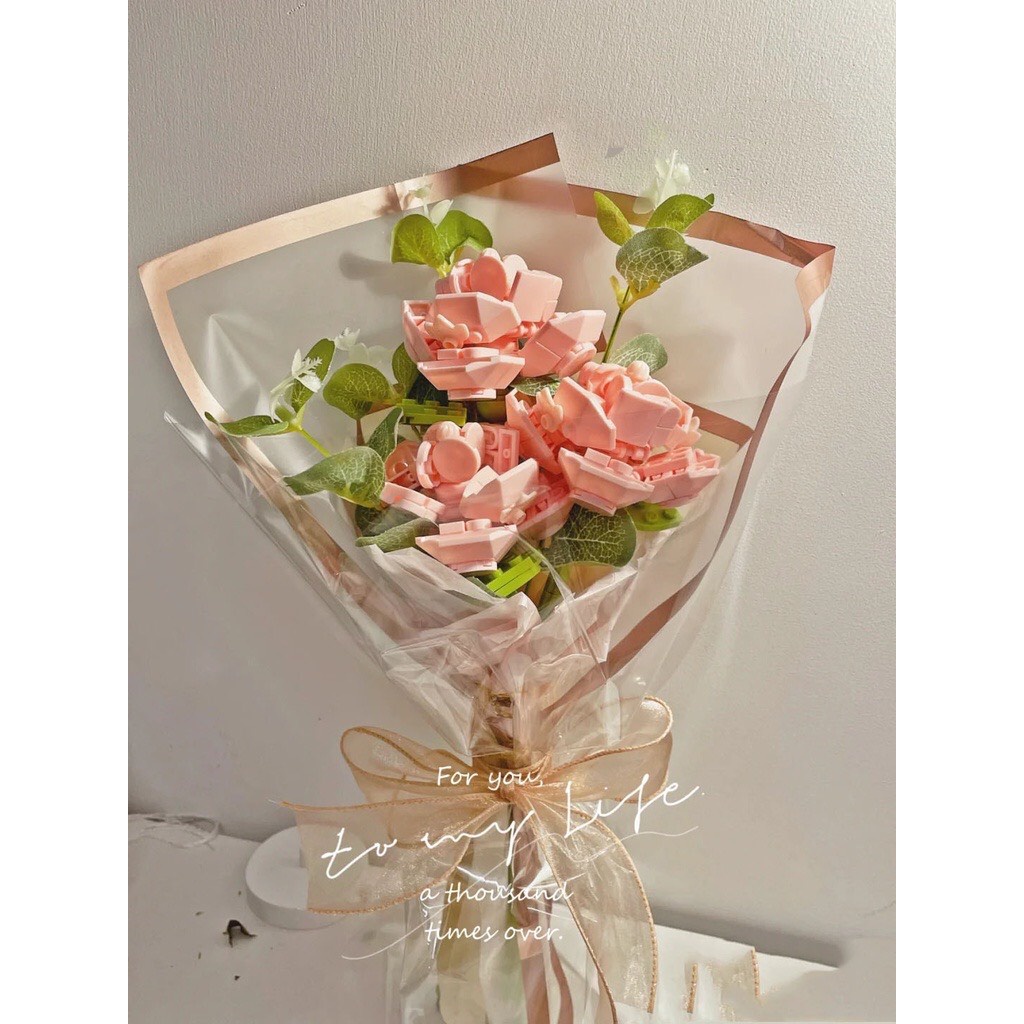 Đồ chơi lắp ráp mô hình bó hoa Hồng phấn,bộ xếp hình khối xây dựng bó hoa-jk2687