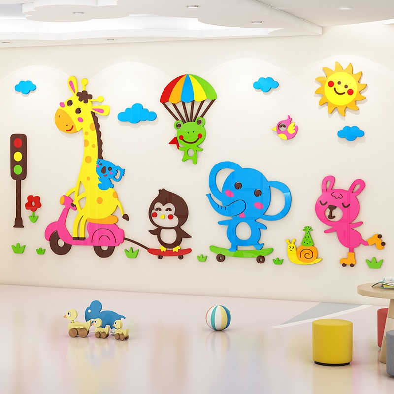 Tranh mica 3d dán tường mẫu tranh các con vật tham gia giao thông, trang trí phòng cho bé, mầm non, mẫu giáo