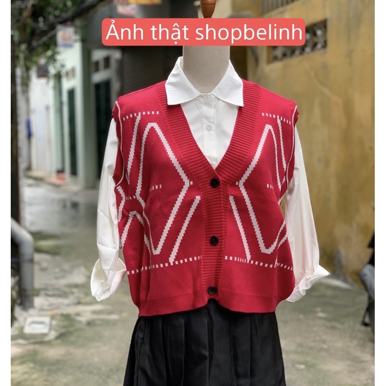 Áo gile len sweater cổ V dáng rộng oversize, hoạ tiết trám đóng cúc hàng dệt kim, gile len hàng mới 2021 - shopebelinh