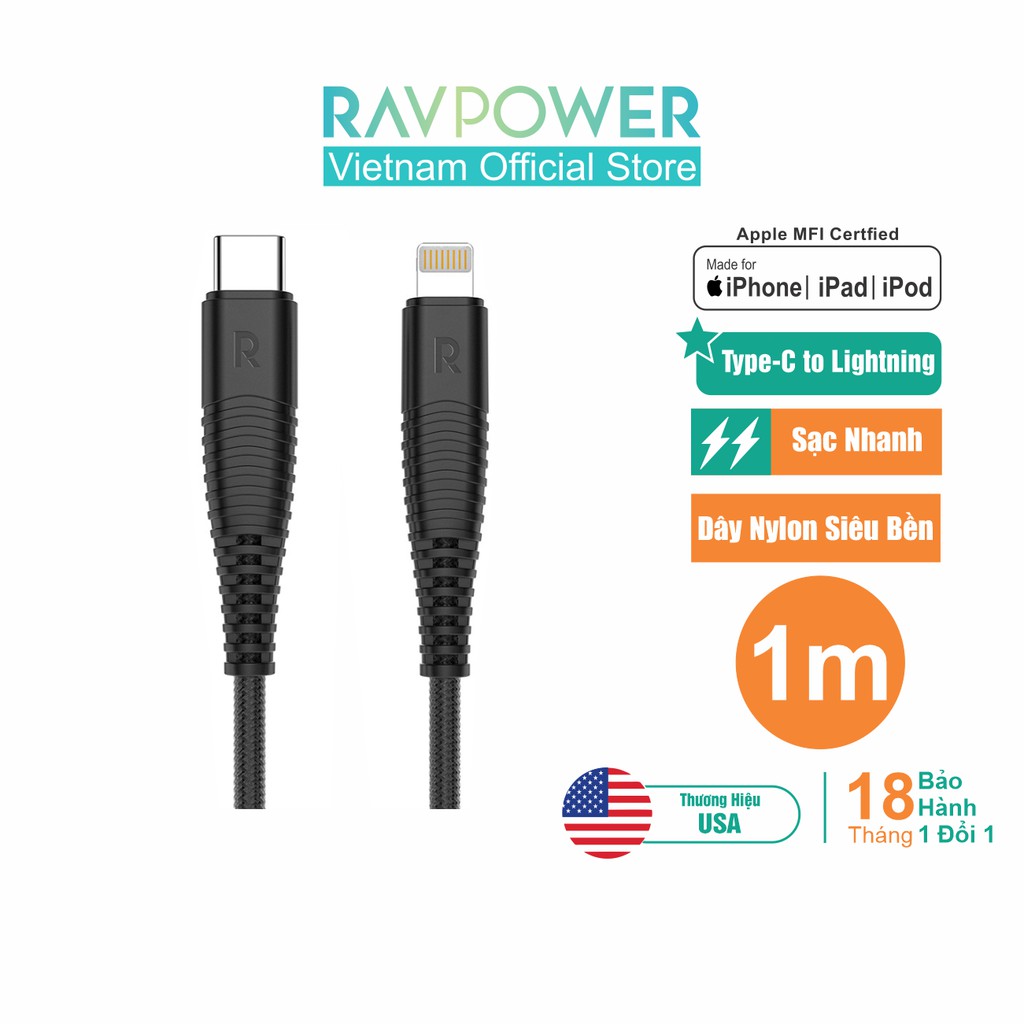 Dây Cáp Sạc Lightning (Type-C To Lightning) RAVPower RP-CB020 1m MFI, Sợi Nylon - Hàng Chính Hãng