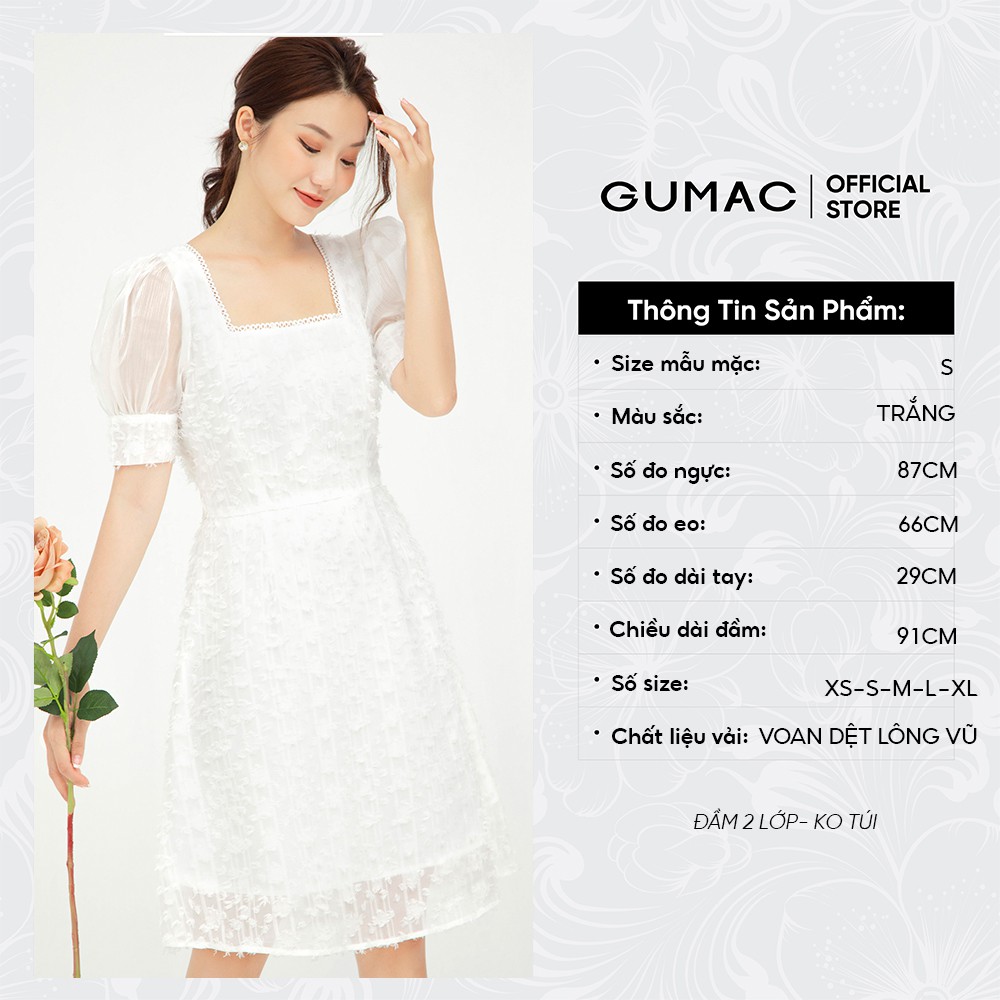 [Mã MABR07062 giảm 8% tối đa 50K đơn từ 249K] Đầm xòe nữ màu trắng lông vũ cổ vuông GUMAC DB544 | BigBuy360 - bigbuy360.vn