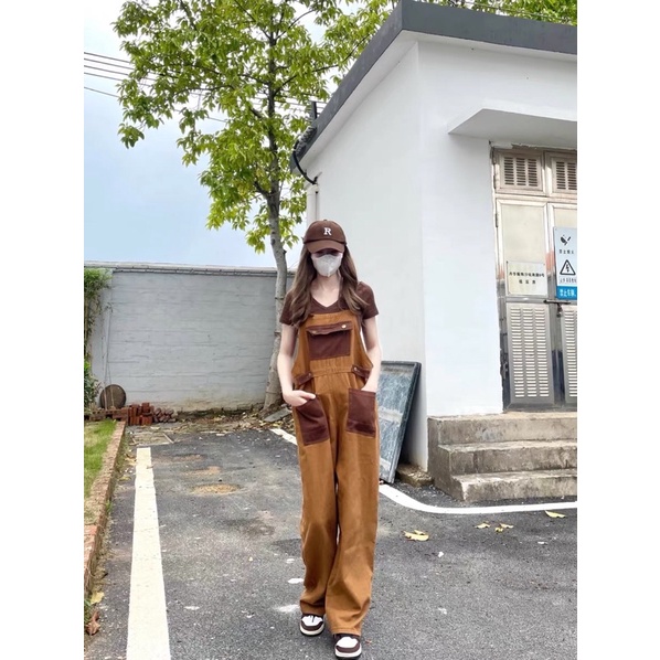 Quần yếm kaki unisex nam nữ dáng dài rộng màu nâu vintage phong cách Hàn quốc