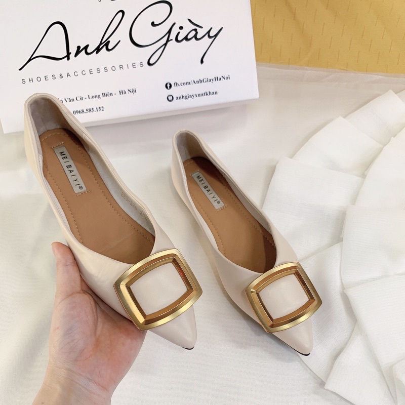 GB49 - Giày búp bê, giày bệt mũi nhọn da lì nơ khoá vuông siêu mềm dẻo hàng quảng châu cao cấp ( ảnh thật, kèm video)