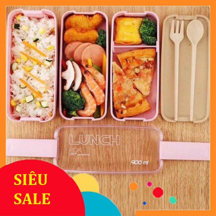 [ Siêu Sale ] - Hộp cơm 3 tầng lúa mạch kèm thìa,dĩa cao cấp
