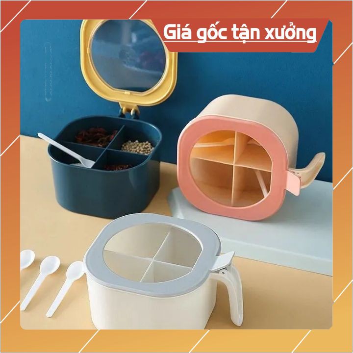 👉XẢ KHO👈Hộp đựng gia vị 4 ngăn có nắp đậy💝 tặng kèm 4 thìa💝