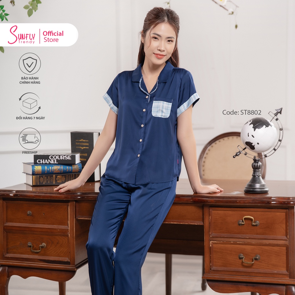 Bộ đồ mặc nhà nữ pijamas SUNFLY lụa áo cộc tay, quần dài ST8802