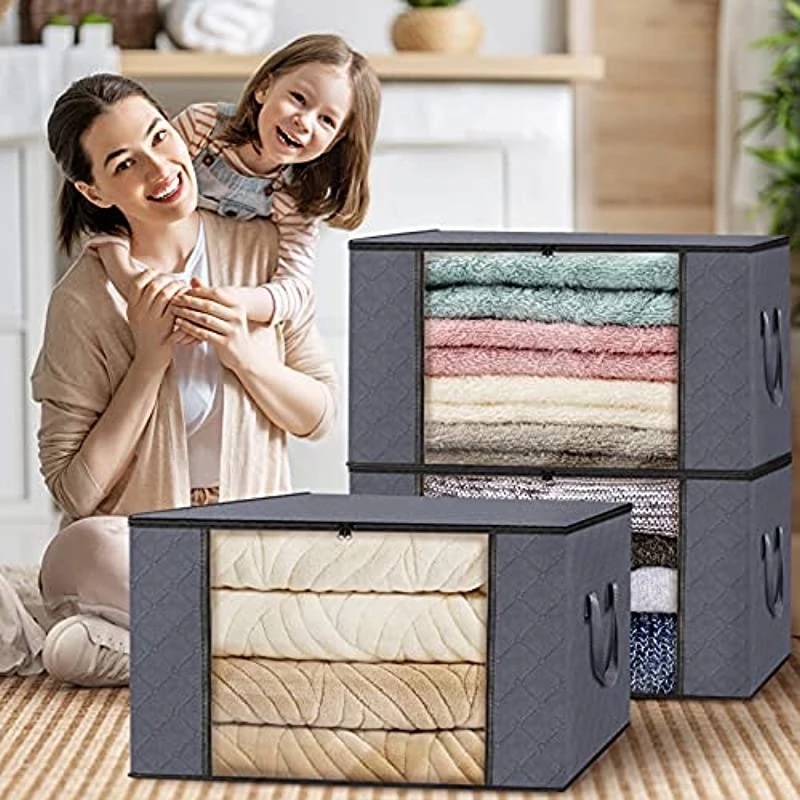 Túi Đựng Quần Áo/Chăn Mền Bằng Vải Không Dệt Dày Dặn Màu Trơn Có Thể Gấp Gọn Cho Đi Du Lịch