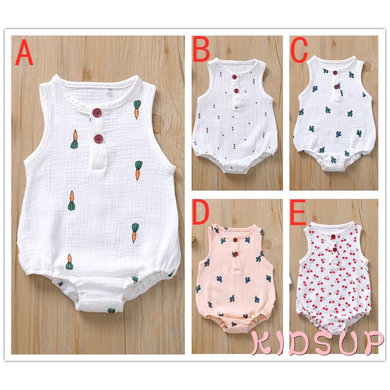 Bộ áo liền quần unisex không tay bằng vải cotton lanh hình xương rồng hợp thời trang mùa hè cho bé