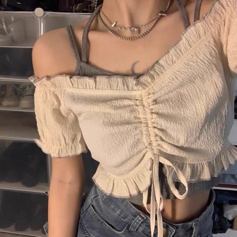 Áo Yếm Áo Nữ Hot Girl Ngắn Tay Áo Khoác Ngoài Nữ Mùa Hè Hở Vai Hở Vai Gợi Cảm Phần Ngắn