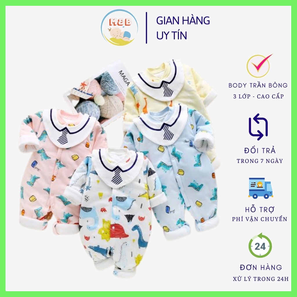 Body trần bông cho bé trai gái sơ sinh 3 lớp ủ ấm kèm yếm quần áo sơ sinh mùa đông hàng QC cao cấp từ 3-12kg - BDTD01
