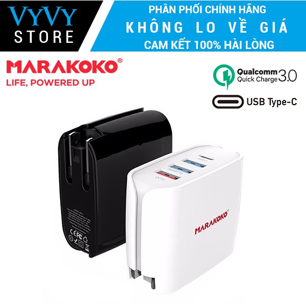 Sạc nhanh 4 cổng  Marakoko MA11 Quick charge 3.0, 1 cổng Type-C, 2 cổng sạc nhanh Smart ID, chân dẹt gấp gọn.