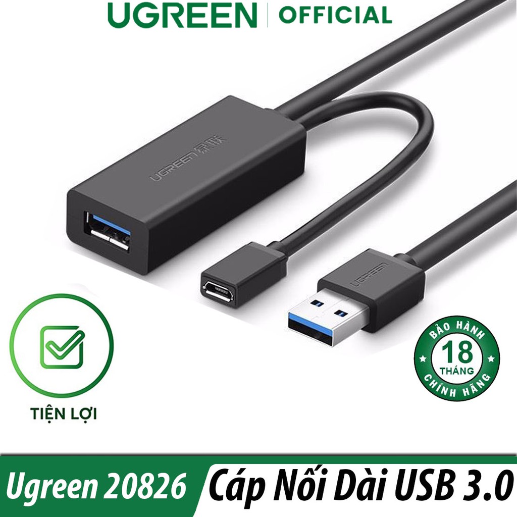 Cáp Nối Dài USB 3.0 Hỗ Trợ Nguồn Dài 5M Ugreen 20826 Chính Hãng