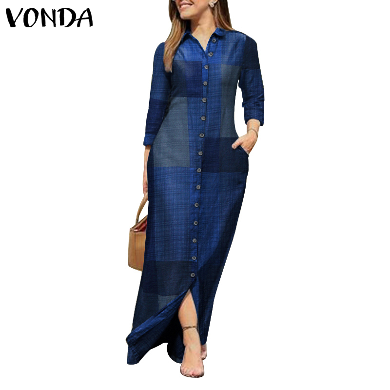 Đầm Dài VONDA Cổ Bẻ Tay Dài Có Khuy Gài Màu Trơn Thông Thường Dành Cho Bạn Nữ | BigBuy360 - bigbuy360.vn