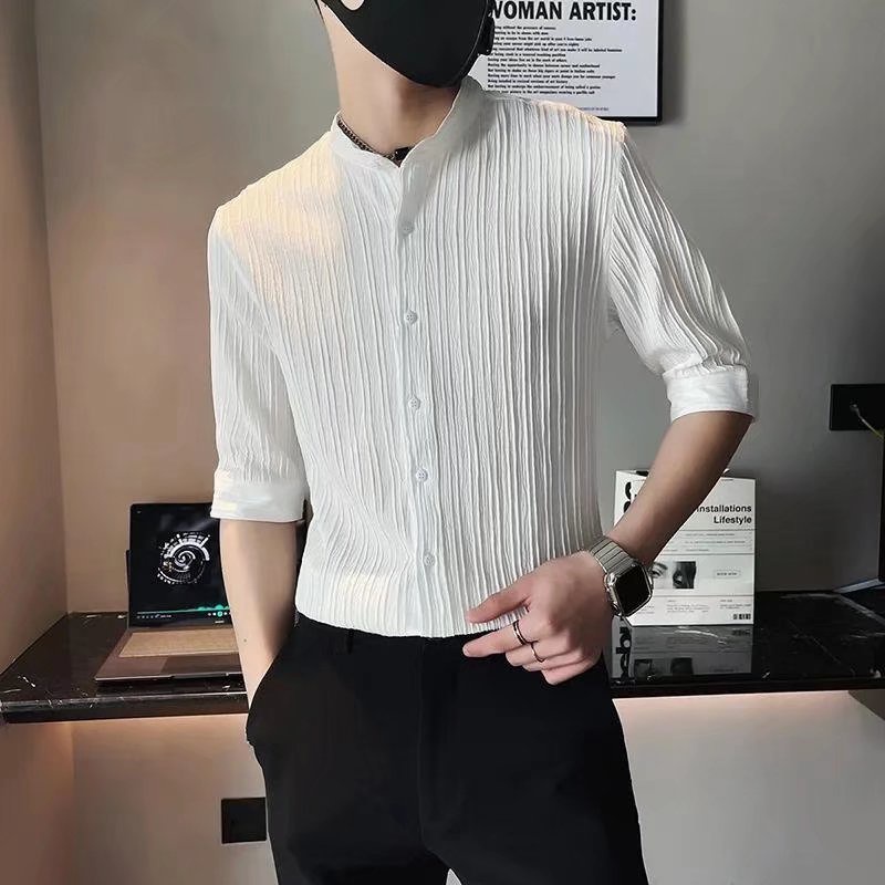 Áo Sơ Mi Tay Lửng Bằng Lụa Lạnh Màu Trắng Đen m-3xl Phong Cách Hàn Quốc Cho Nam