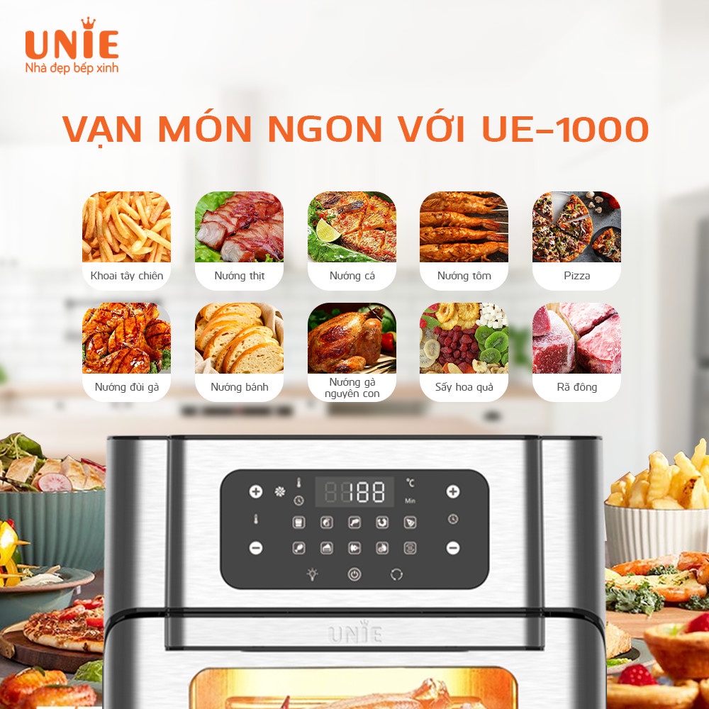 Nồi chiên không dầu Unie UE-1000 cao cấp, Lò nướng mini đa năng, Kiểu dáng sang trọng đẹp mắt, Bảo hành 12 tháng