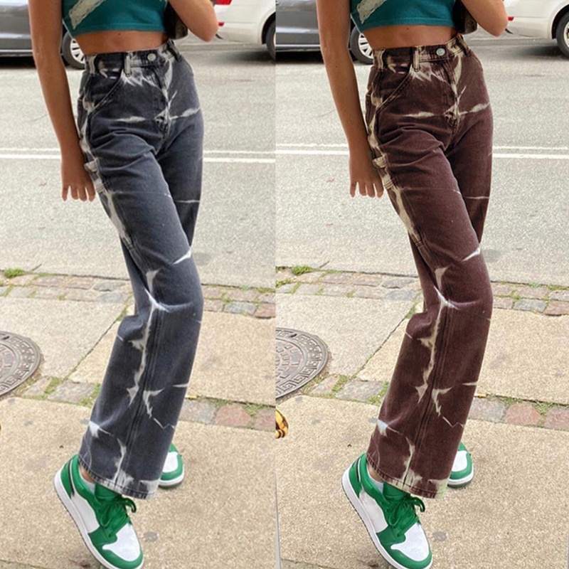 Quần Jean Baggy Lưng Cao Ống Rộng Nhuộm Màu Độc Đáo Phong Cách Cổ Điển Thời Trang Cho Nữ