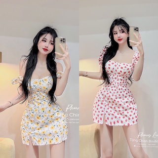 Váy hoa tay bồng cổ vuông hoạ tiết dâu tây hoa lá siêu xinh( kèm video ảnh thật shop tự chụp)