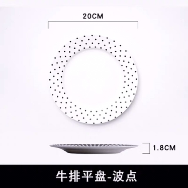 Set 2, 4 đĩa sứ đen trắng cá tính cao cấp bát đĩa sứ đĩa sâu lòng đĩa nông