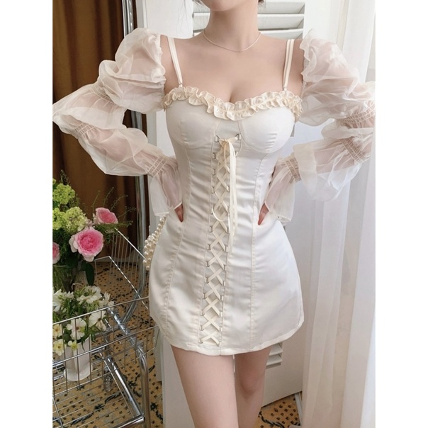 VÁY DÁNG ÔM PHỐI DÂY BUỘC TAY PHỒNG XUYÊN THẤU SEXY THỜI TRANG NỮ