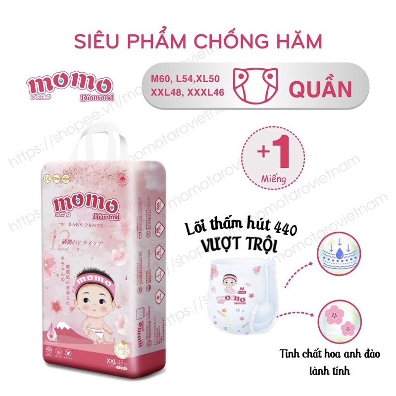 Bỉm quần MOMO hồng 2 bịch mẫu mới 2022 M120/L108/XL100/XXL96/XXXL92 hoa anh đào