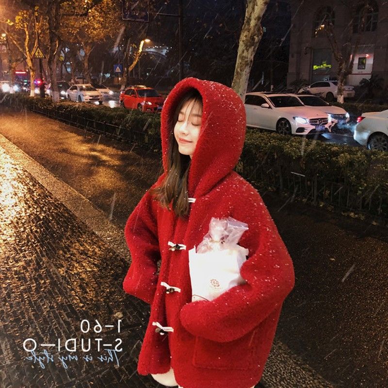 Jiashucheng Áo Khoác Giả Lông Cừu Có Mũ Trùm Dáng Rộng Thời Trang Mùa Đông Cho Nữ