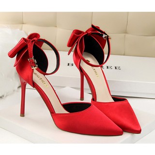 Giày cao gót nơ hậu BIGTREE màu đỏ sang trọng sẵn size
