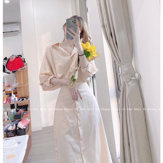 Váy sơ mi buộc eo phong cách hàn quốc ( ảnh thật)