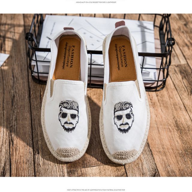 🔥Hàng Siêu Cấp🔥 ( Slip On )Giày Lười Vải Nam Hàn Quốc đế Khâu đen Trắng Thêu Mặt NgườI size 39-44