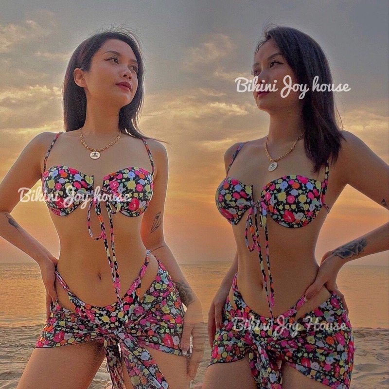 [ HÀNG CAO CẤP ] Bikini set 3 món hoạ tiết hoa nhí kèm khăn sexy
