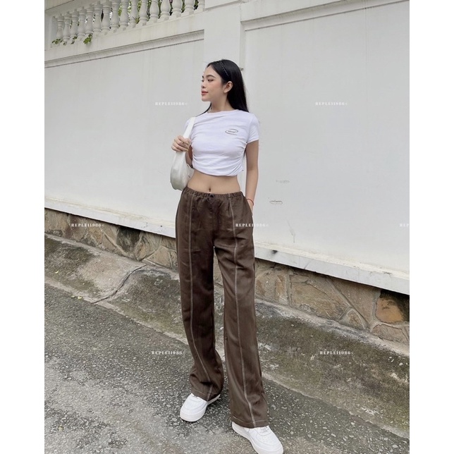 Quần cạp trễ phong cách Y2K viền chỉ