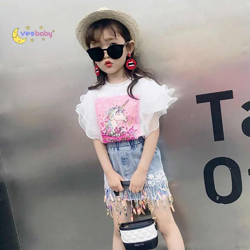 Set Áo Thun Ngắn Tay + Chân Váy Denim Cho Bé Gái