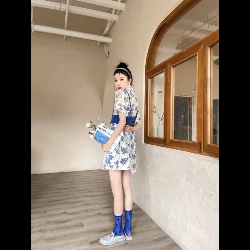 set áo đầm cổ vest tay ngắn phối áo dây cá tính